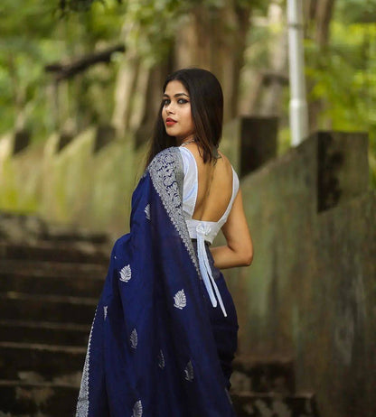 Decent Blue Color Soft Lichi Silk Party Wear Saree