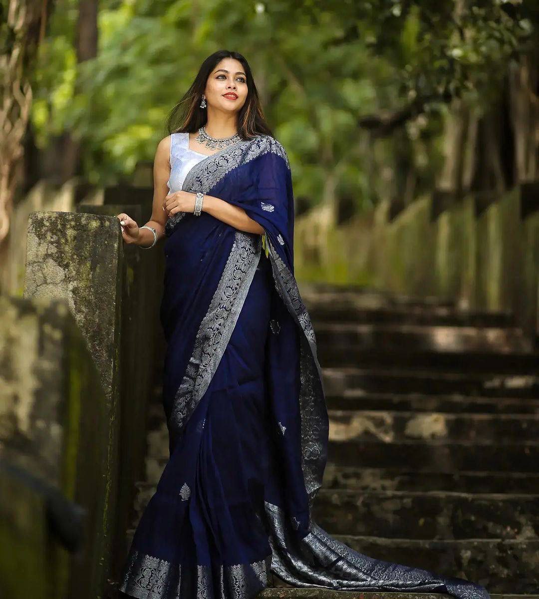 Decent Blue Color Soft Lichi Silk Party Wear Saree