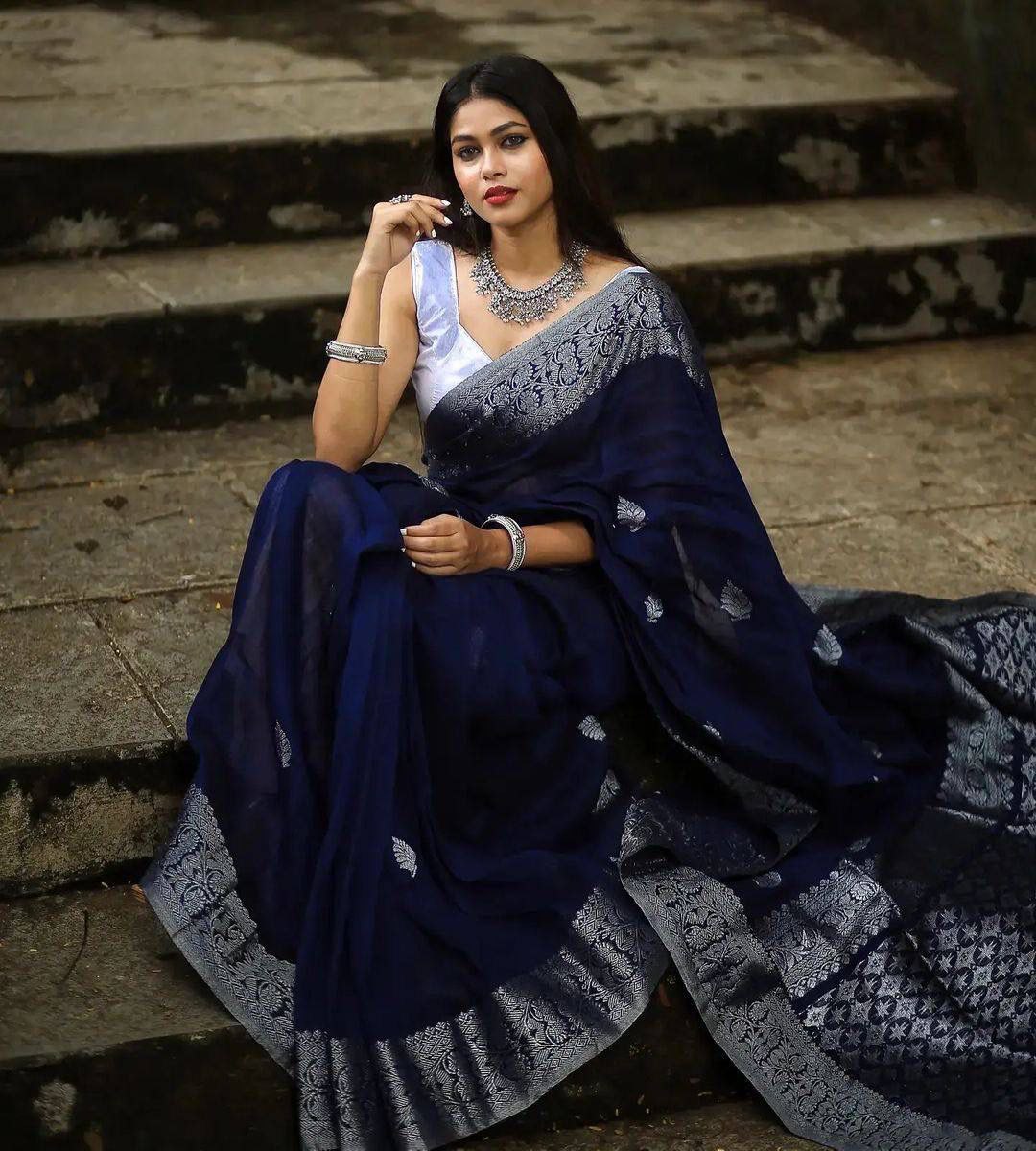 Decent Blue Color Soft Lichi Silk Party Wear Saree