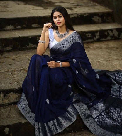 Decent Blue Color Soft Lichi Silk Party Wear Saree