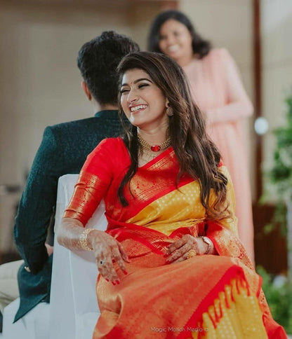 Glossy Yellow With Red Color Soft Lichi Silk Saree
