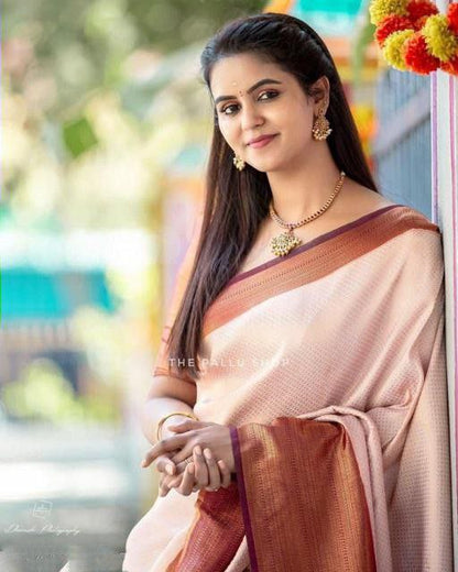 Stylish Off White Color Coper Jari Design Silk Saree