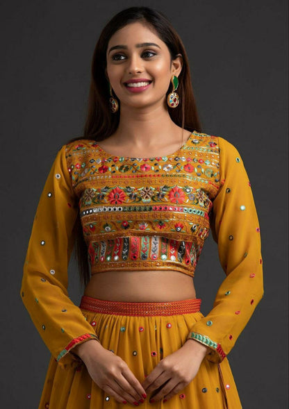 Ruffle Style Mustard Color Embroidery Lehenga Choli