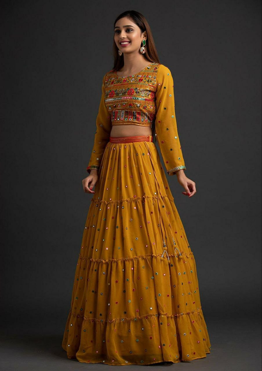Ruffle Style Mustard Color Embroidery Lehenga Choli