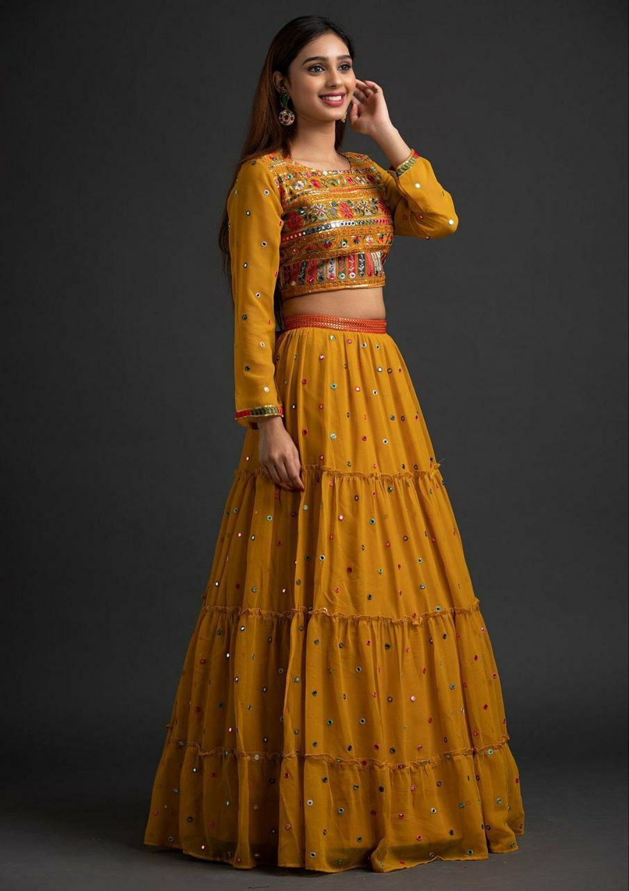 Ruffle Style Mustard Color Embroidery Lehenga Choli