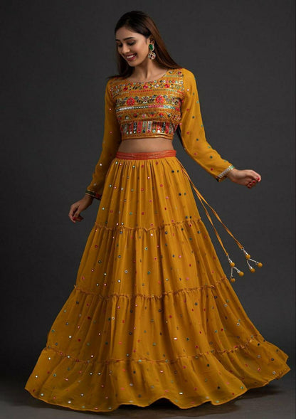 Ruffle Style Mustard Color Embroidery Lehenga Choli