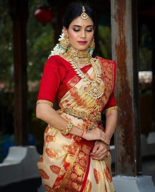 Wedding Wear White With Red Color Soft Silk Saree