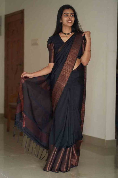 Pretty Black Color Soft Silk Coper Zari Weaving Saree
