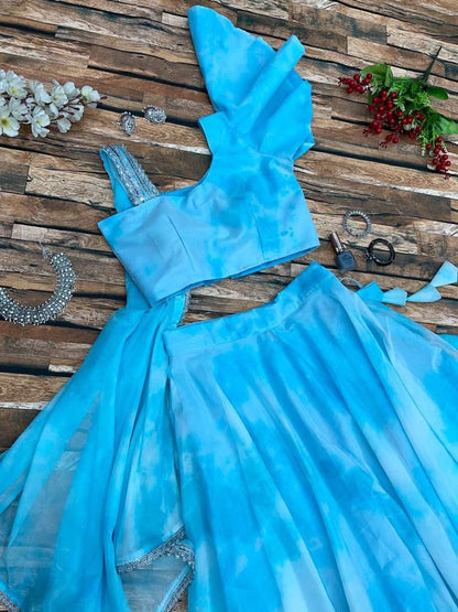 Sky Blue Color Shibori Print Georgette Lehenga Choli