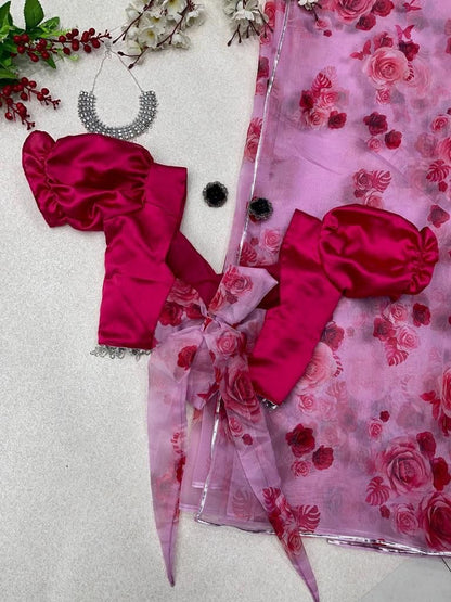 Light Pink Color Organza Saree With Balloon Sleeve Blouse