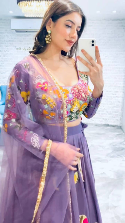 Birds Design Chine Sequence Work Lavender Color Lehenga Choli