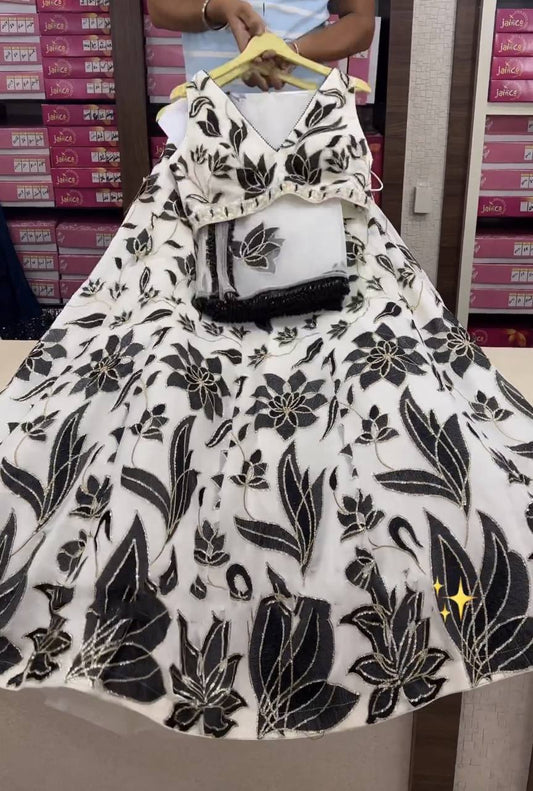 Exclusive White With Black Chine Sequence Work Lehenga Choli