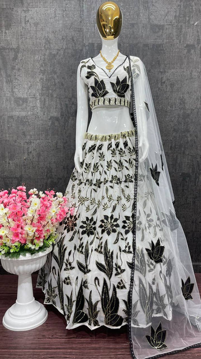Exclusive White With Black Chine Sequence Work Lehenga Choli