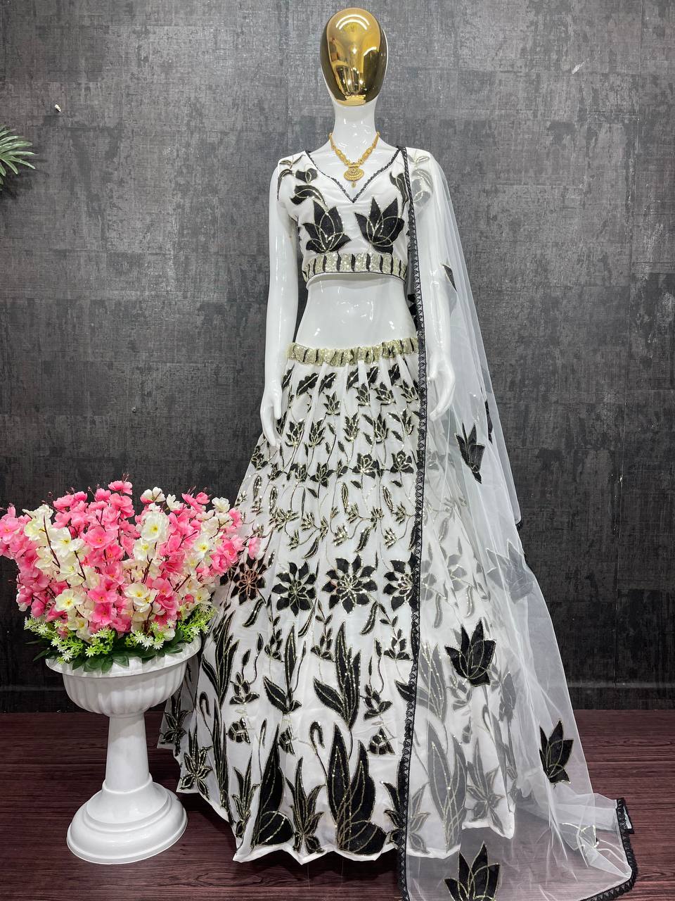 Exclusive White With Black Chine Sequence Work Lehenga Choli