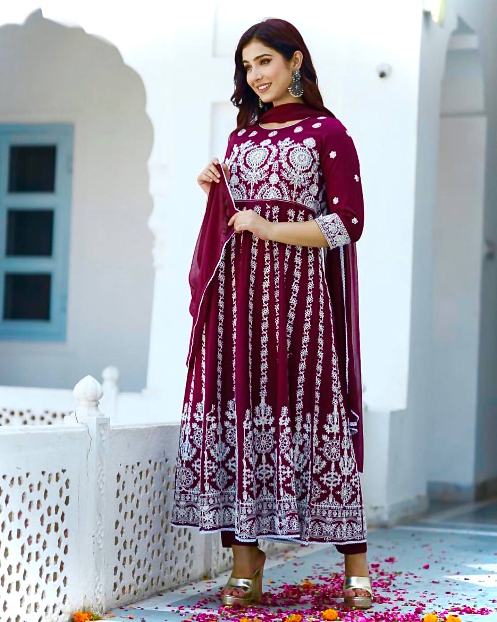 Fancy Embroidery Design Work Wine Color Gown