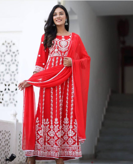Fancy Embroidery Design Work Red Color Gown