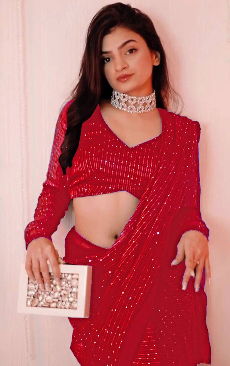 Red Color Crochet Sequence Embroidery Work Party Wear Saree