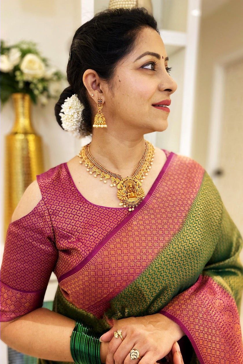 Party Wear Mehndi Green Color Coper Jari Design Silk Saree