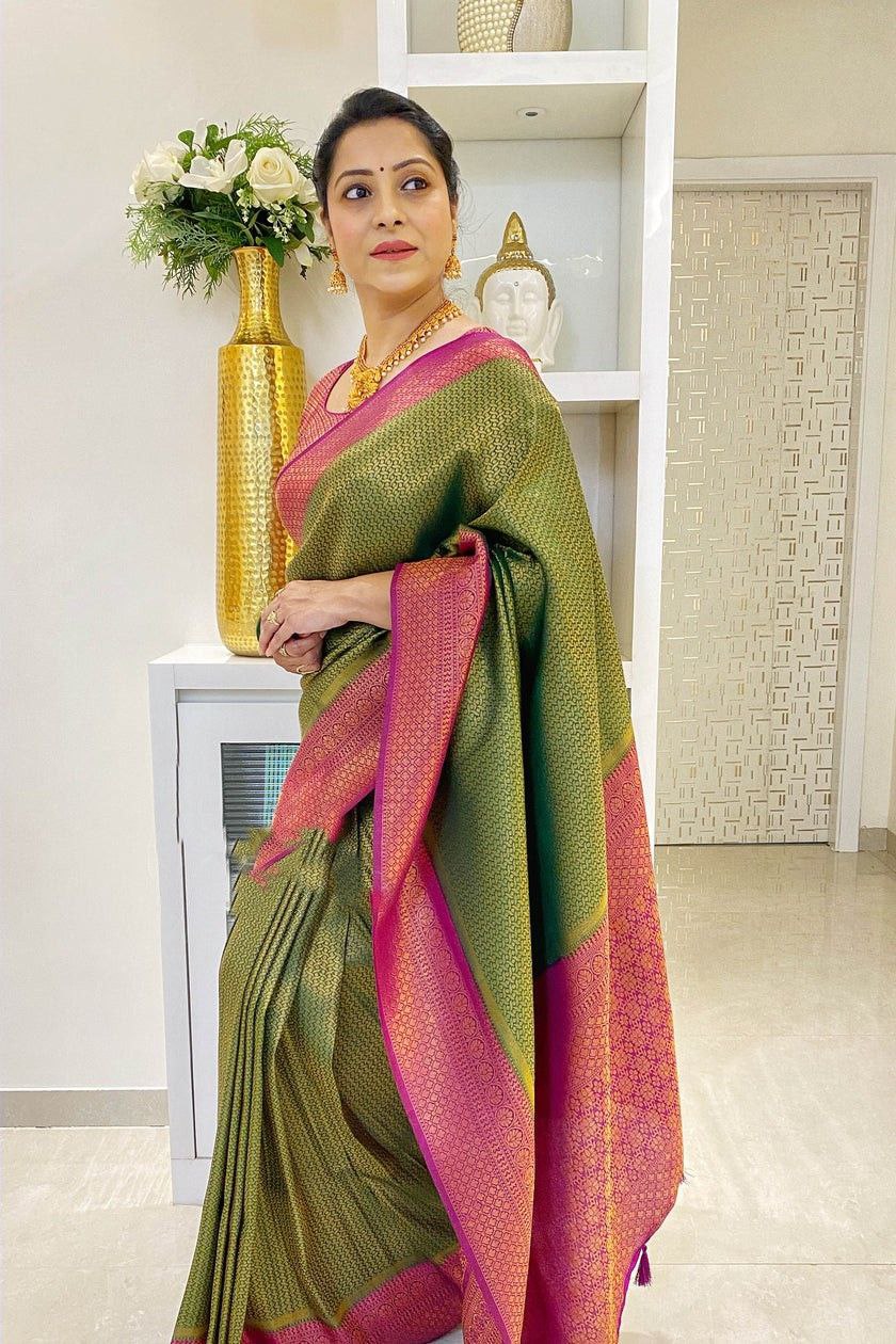 Party Wear Mehndi Green Color Coper Jari Design Silk Saree