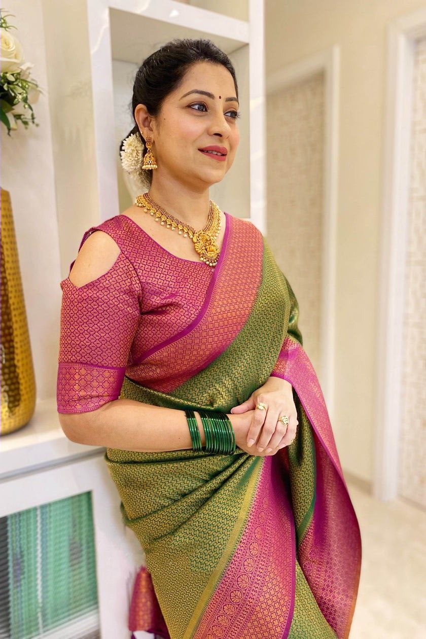 Party Wear Mehndi Green Color Coper Jari Design Silk Saree