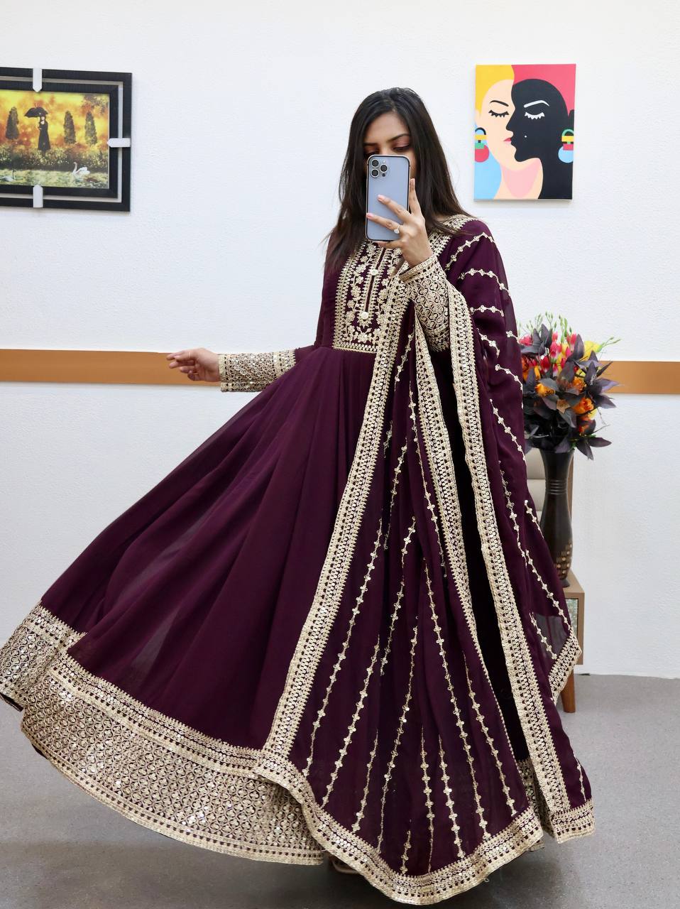 Alluring Wine Color Sequence Embroidery Work Gown