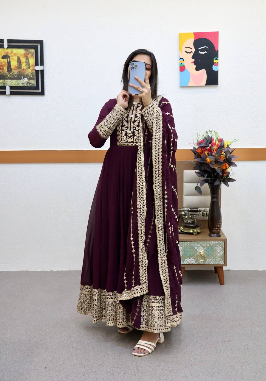 Alluring Wine Color Sequence Embroidery Work Gown