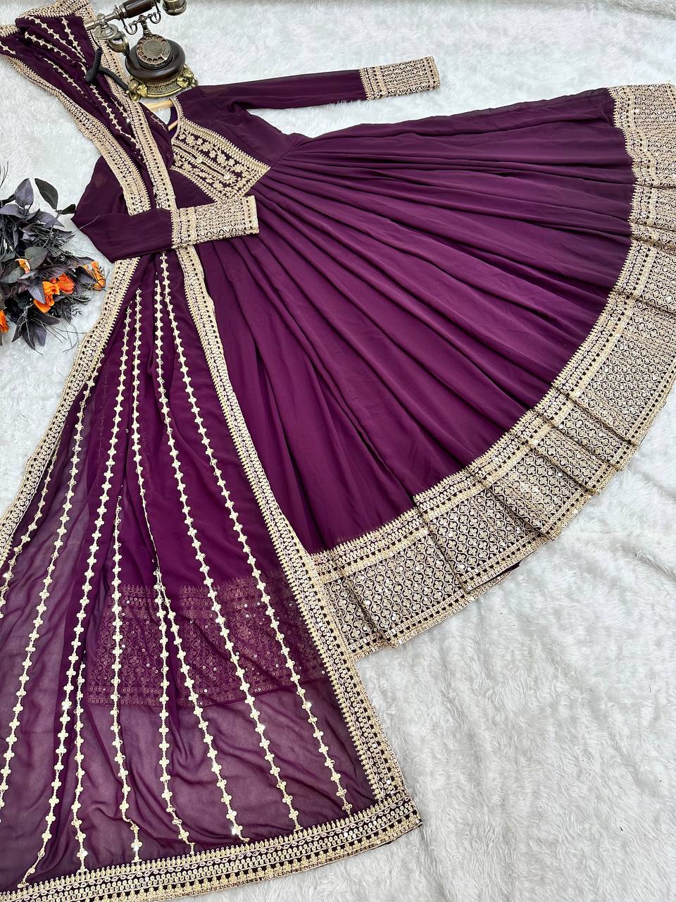 Alluring Wine Color Sequence Embroidery Work Gown