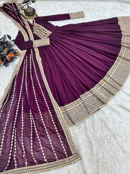 Alluring Wine Color Sequence Embroidery Work Gown