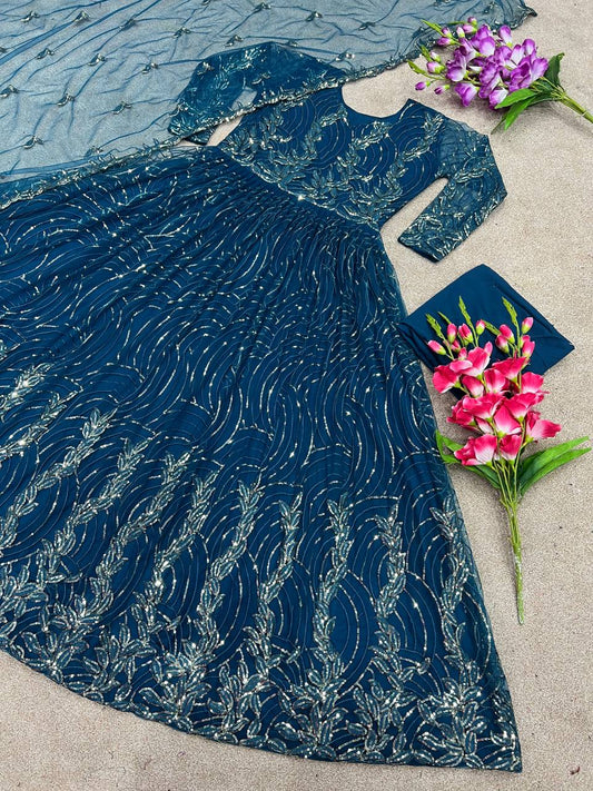 Gorgeous Shine Sequence Work Teal Blue Color Gown