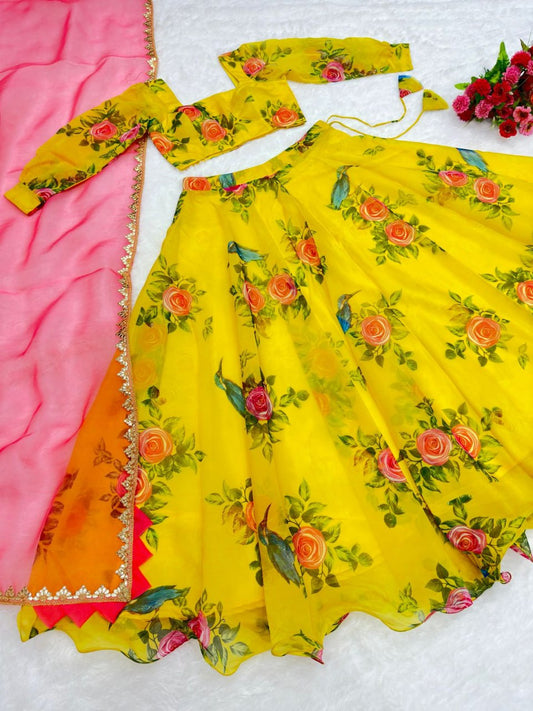 Yellow Color Marvelous Organza Silk Printed Lehenga Choli