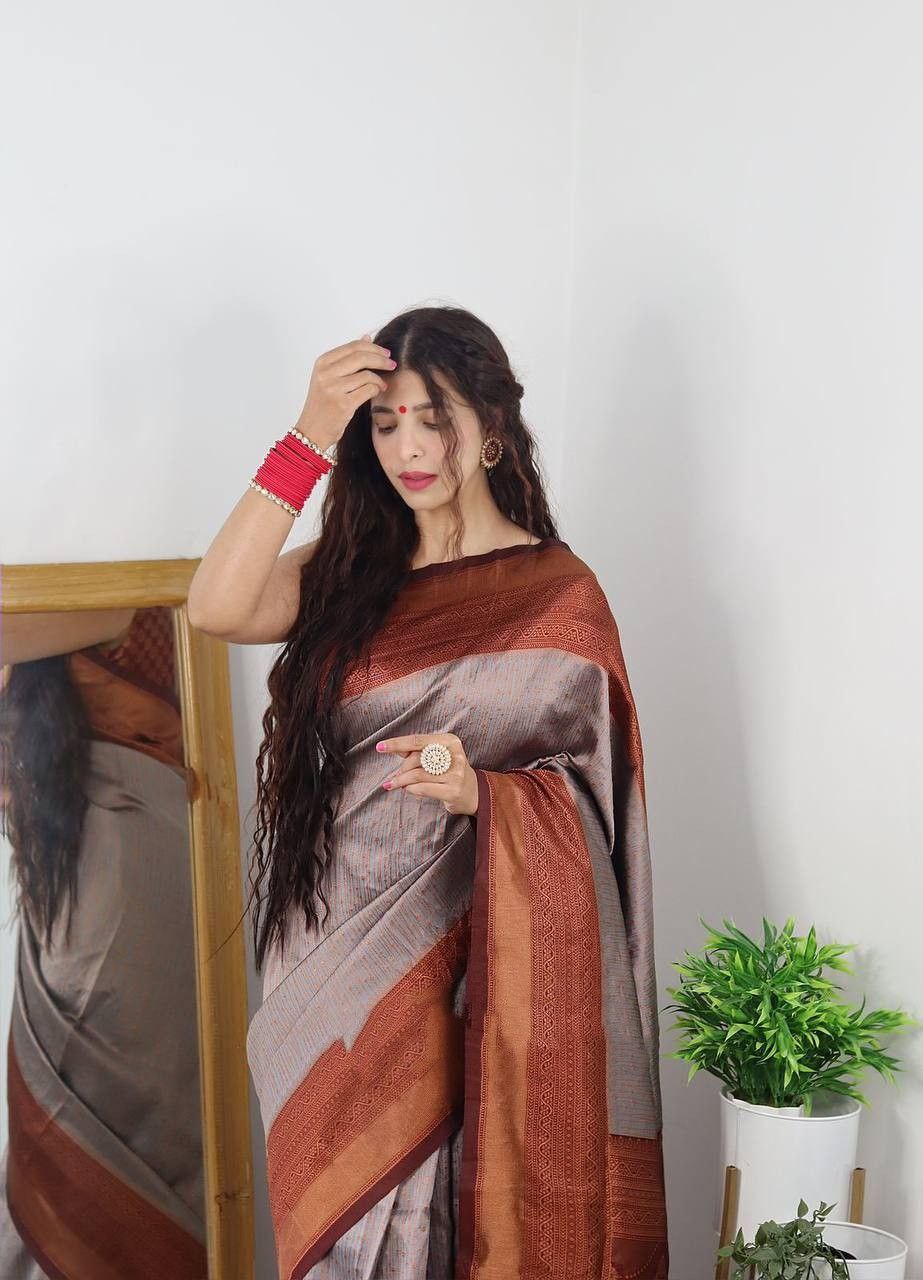 Grand Beautiful Rich Design Grey Color Soft Silk Saree