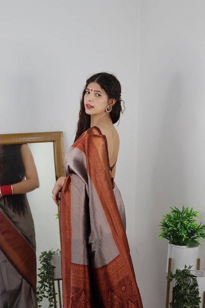 Grand Beautiful Rich Design Grey Color Soft Silk Saree