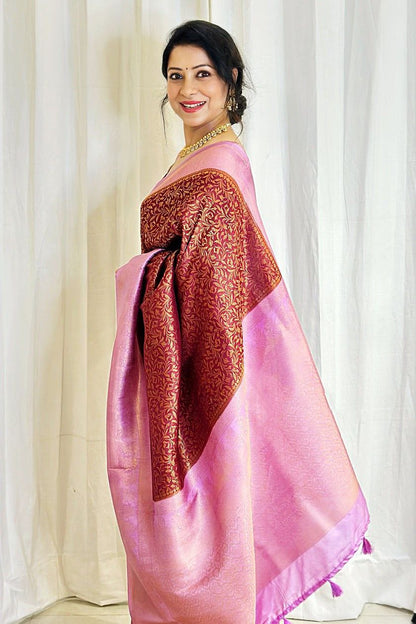 Pretty Maroon Color Saree With Light Pink Border