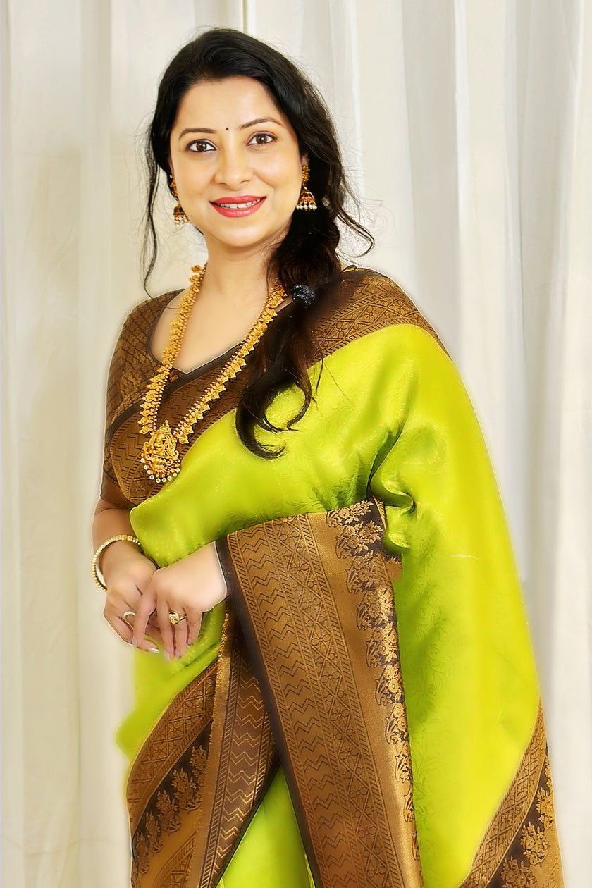 Parrot Green Color Coper Jari Work Soft Silk Saree