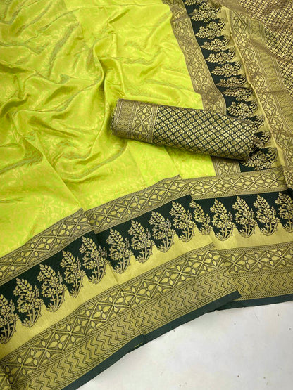 Parrot Green Color Coper Jari Work Soft Silk Saree