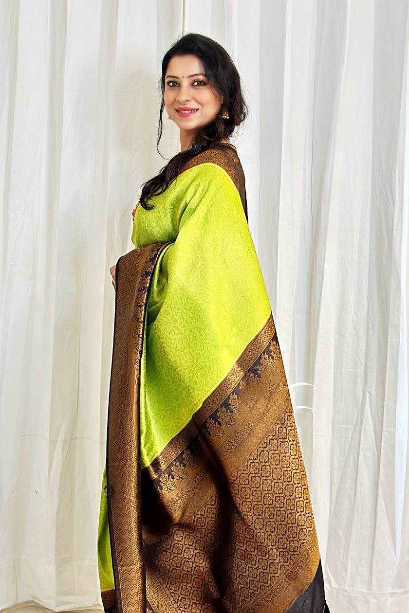 Parrot Green Color Coper Jari Work Soft Silk Saree