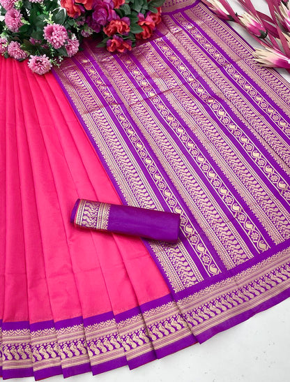 Designer Pink Color Golden Jari Soft Silk Saree