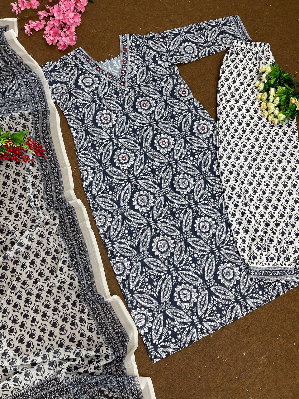 Elegant Navy Blue Color Real Mirror Hand Work Kurti Pair