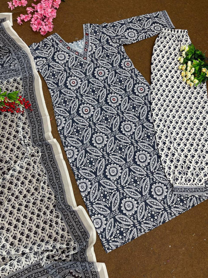 Elegant Navy Blue Color Real Mirror Hand Work Kurti Pair