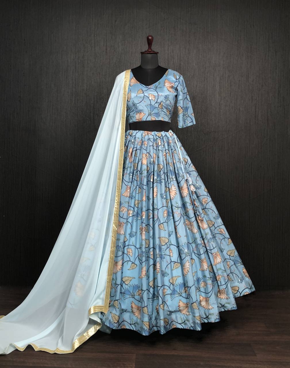 Sky Blue Color Digital Print Position Work Lehenga Choli