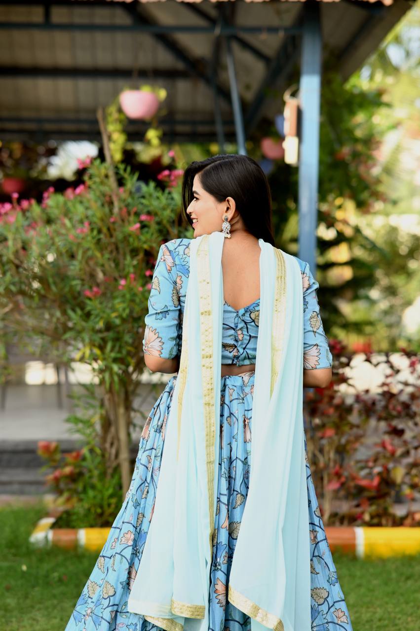 Sky Blue Color Digital Print Position Work Lehenga Choli