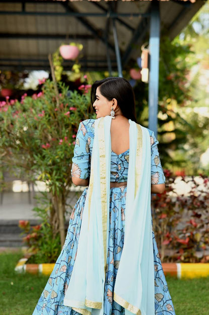 Sky Blue Color Digital Print Position Work Lehenga Choli