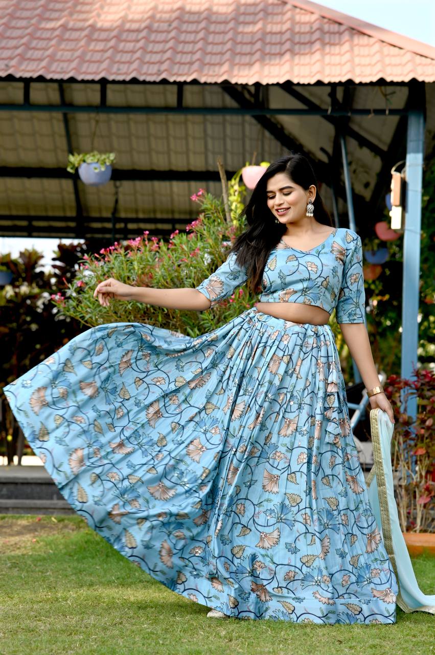 Sky Blue Color Digital Print Position Work Lehenga Choli