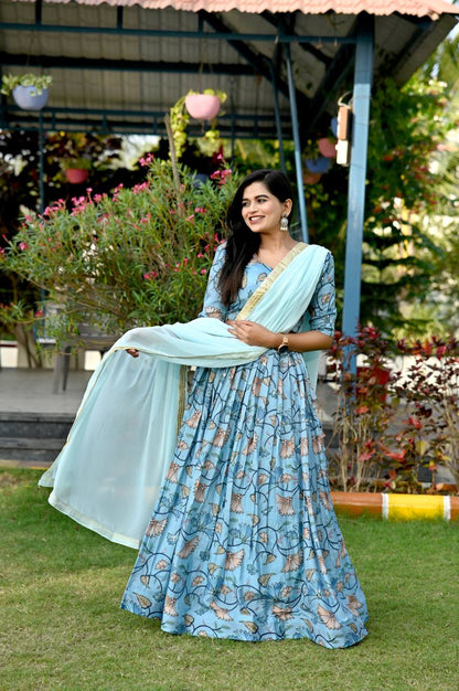 Sky Blue Color Digital Print Position Work Lehenga Choli