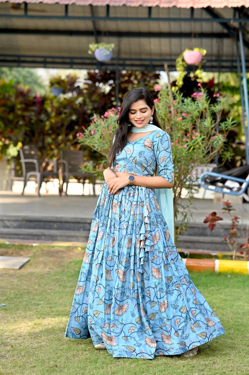 Sky Blue Color Digital Print Position Work Lehenga Choli