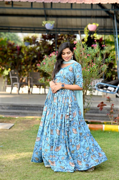 Sky Blue Color Digital Print Position Work Lehenga Choli