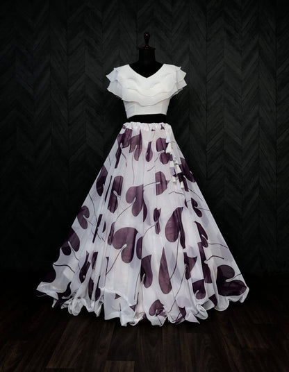 Big Leaf Purple Color Digital Print Crop Top Lehenga
