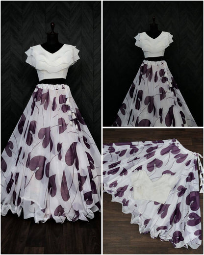 Big Leaf Purple Color Digital Print Crop Top Lehenga