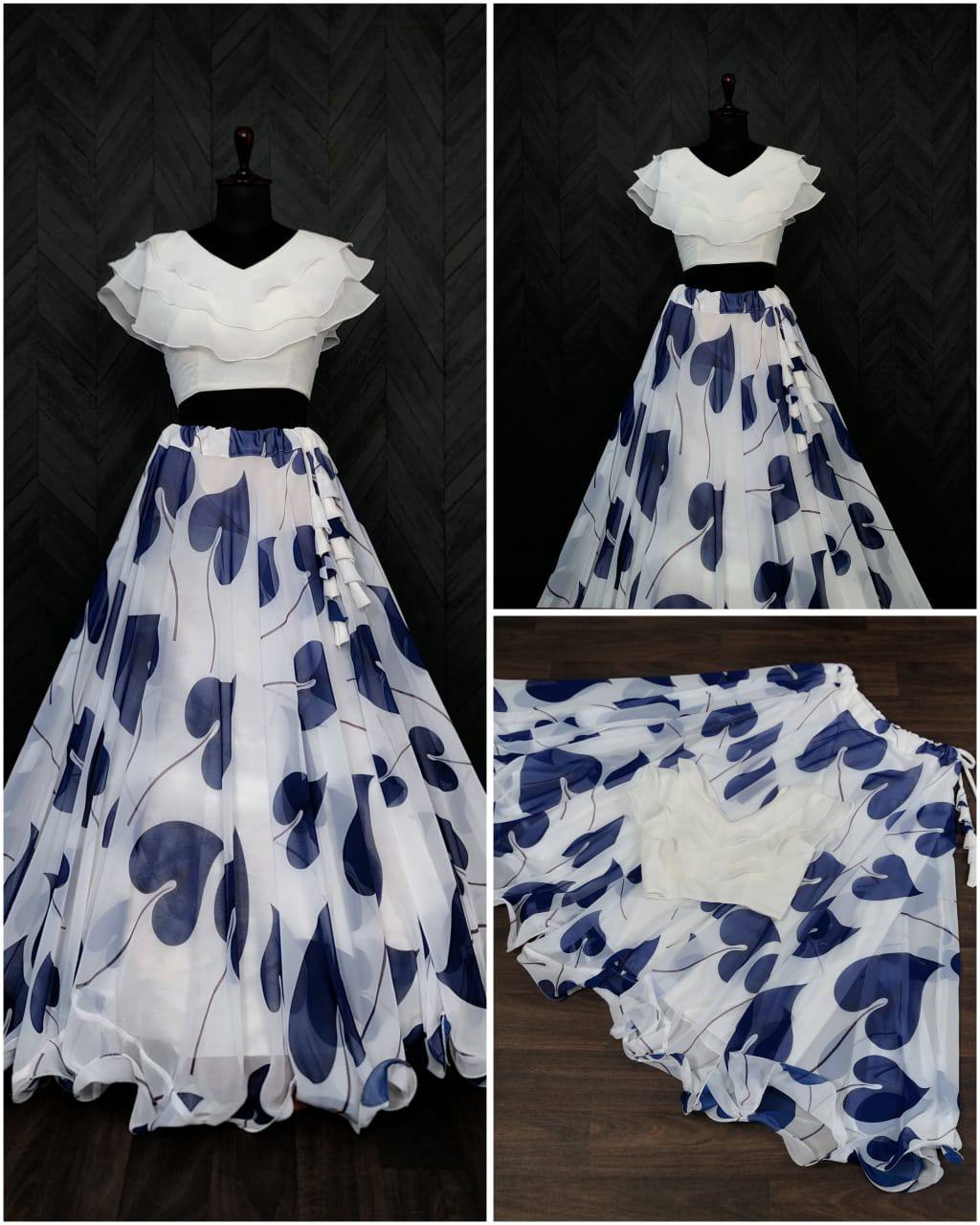 Big Leaf Blue Color Digital Print Crop Top Lehenga
