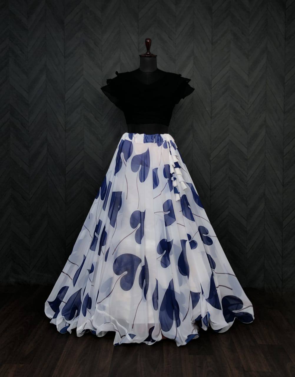 Big Leaf Blue Color Digital Print Crop Top Lehenga